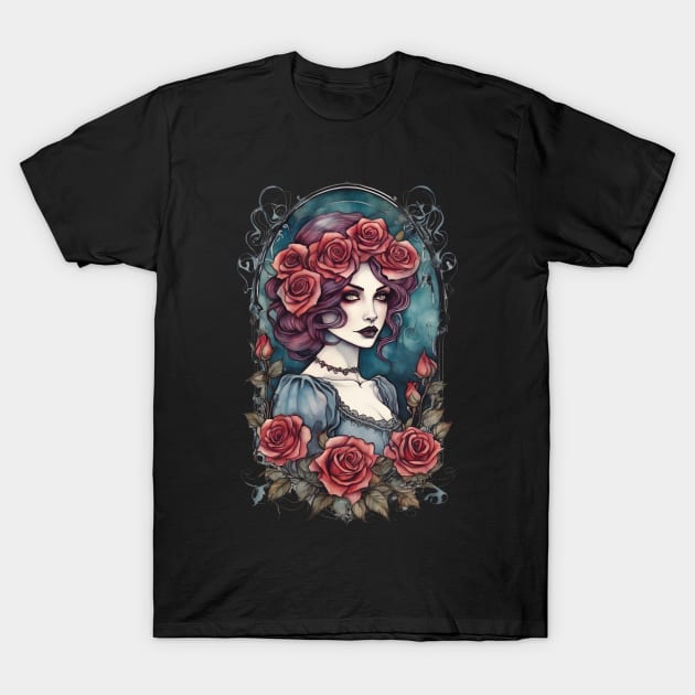 Victorian Gothic Lady with Red Roses T-Shirt by Ravenglow